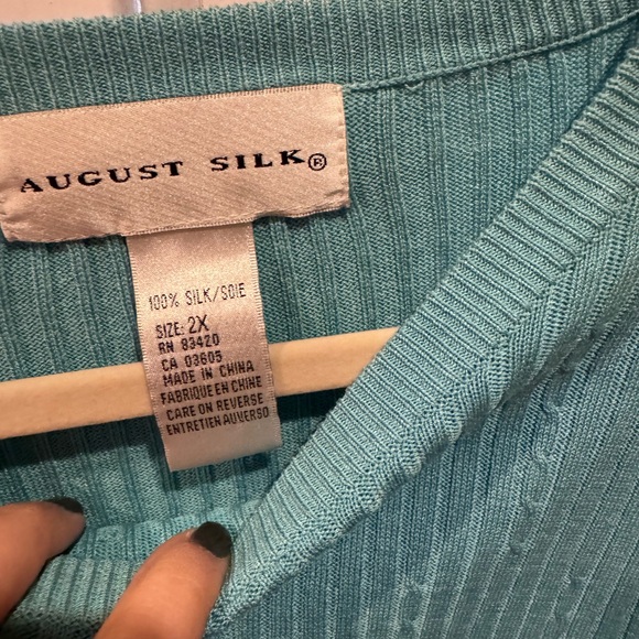 August Silk 100% Silk Ribbed Knit Short Sleeve Sweater Teal 2X - Picture 2 of 2